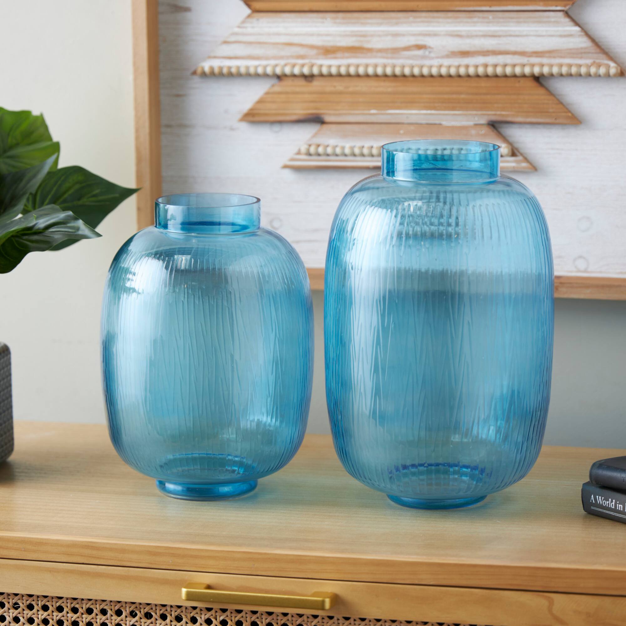 Blue Glass Ribbed Vase Set